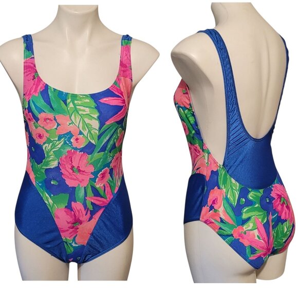 Vintage Seal Beach Unique Design Swimsuit Fits Medium Blue Tropical One Piece - Picture 1 of 7